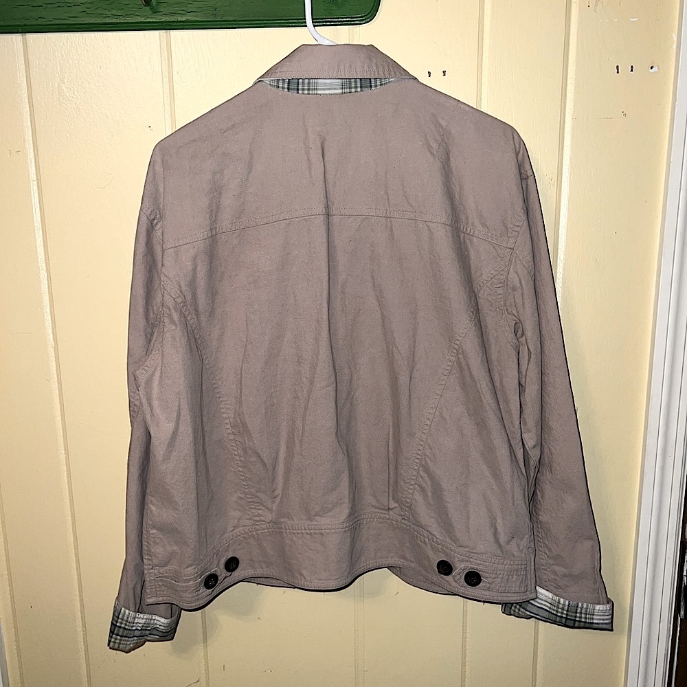 Cherokee Khaki Tan Button Up Long Sleeve Utility Jacket  Y2K Plaid Lining Size S - Picture 3 of 12